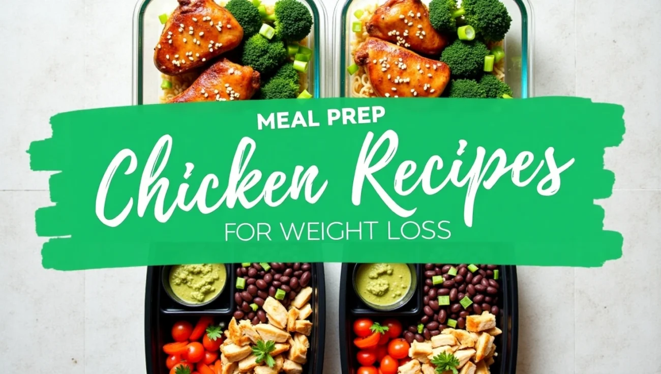 A set of meal prep containers filled with healthy chicken recipes, including grilled chicken, roasted vegetables, and balanced sides, designed for weight loss.
