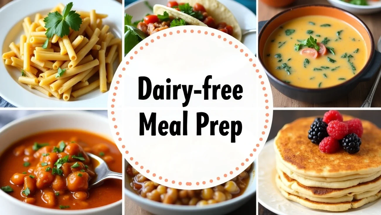 A colorful assortment of dairy-free meal prep dishes, including salads, roasted vegetables, and protein-packed bowls, arranged in reusable containers on a wooden table.