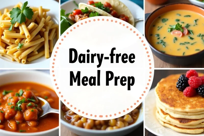 A colorful assortment of dairy-free meal prep dishes, including salads, roasted vegetables, and protein-packed bowls, arranged in reusable containers on a wooden table.