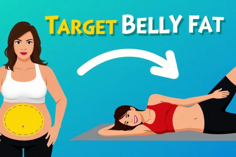 A fitness-themed image showing an exercise to target lower belly fat. One side features a person with belly fat, and the other shows a fit individual doing an ab workout with highlighted muscles.