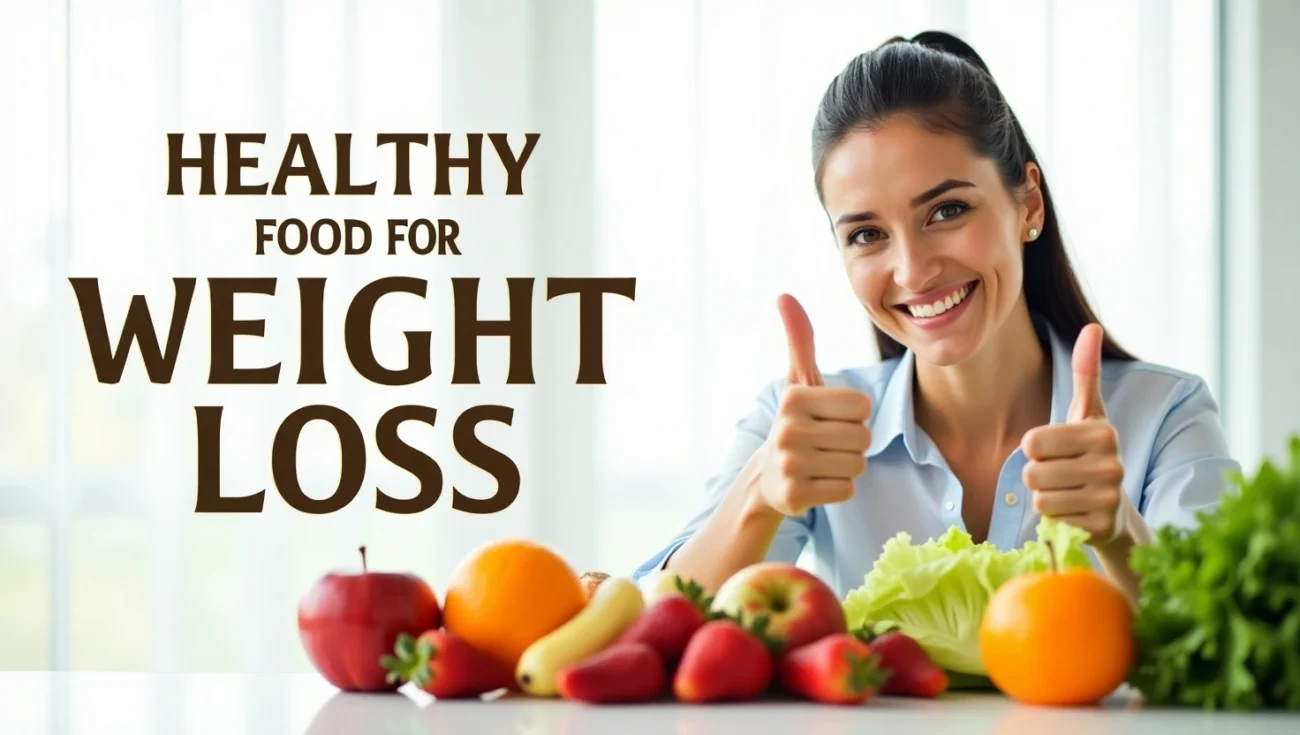 A variety of healthy weight loss foods, including fresh vegetables, fruits, whole grains, and lean proteins, arranged neatly on a table.