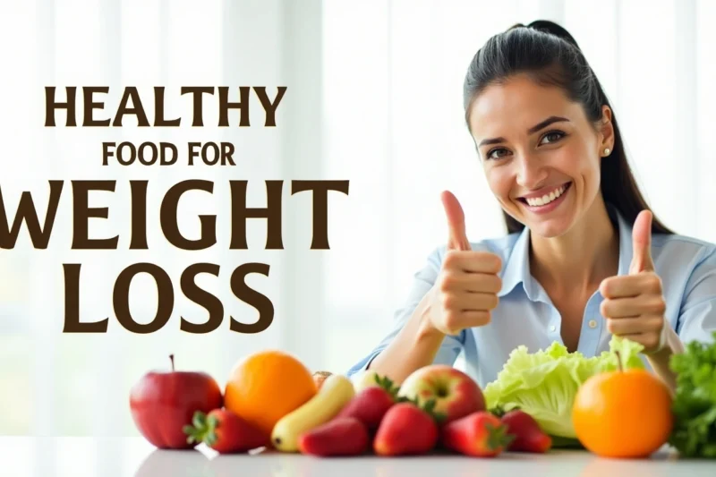 A variety of healthy weight loss foods, including fresh vegetables, fruits, whole grains, and lean proteins, arranged neatly on a table.